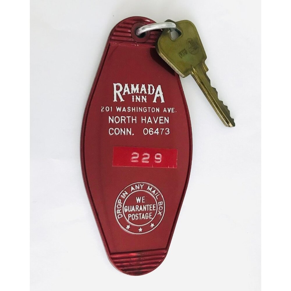 Large Vintage Ramada Inn North Haven CT Hotel Key & Fob #229 Original USA Red